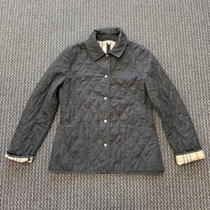 Burberry Diamond Quilted Black Jacket Women Size Small Black Nova Check Lining